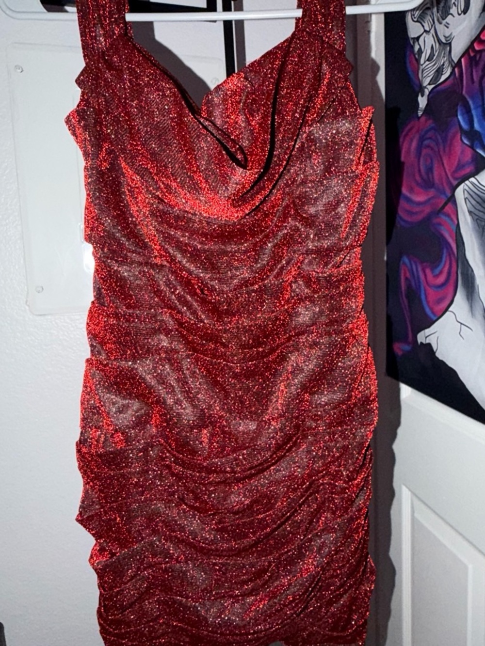 Red Glitter Ruched Evening Dress